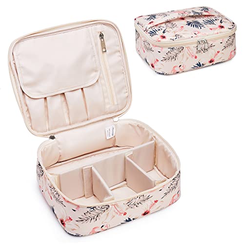 Narwey Travel Makeup Bag Large Cosmetic Bag Makeup Case Organizer for Women (Beige Flamingo)