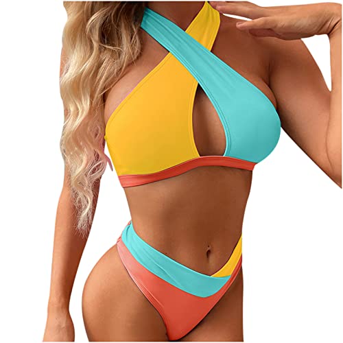 Sexy Halter Swimsuit for Womens Solid Color 2 Piece Bathing Suits, Color Block Keyhole Criss Cross Bikini Sets
