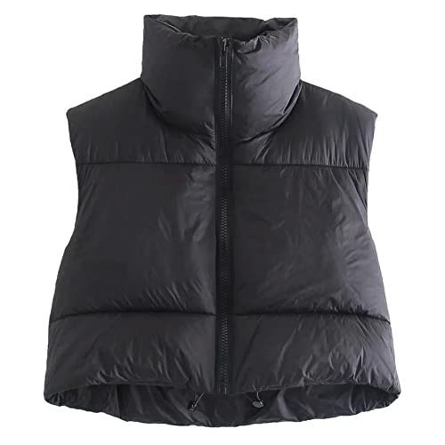 KEOMUD Women's Winter Crop Vest Lightweight Sleeveless Warm Outerwear Puffer Vest Padded Gilet Black X-Small