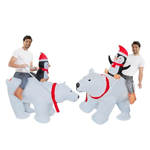 EEkiiqi Christmas Inflatable Penguin Riding Polar Bear Costume Inflatable Penguin Costume for Adult/Christmas Parade/Birthday (Polar Bear)