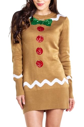 Tipsy Elves Women's Gingerbread Sweater Dress - Brown Ugly Christmas Sweater Dress: Large