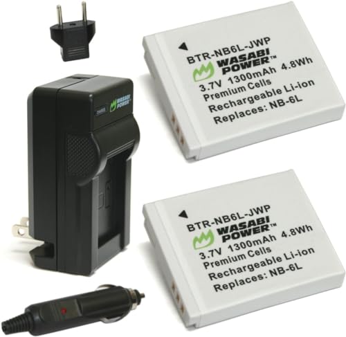 Wasabi Power Battery (2-Pack) and Charger for Canon NB-6L, NB-6LH, CB-2LY and Canon PowerShot D10, D20, D30, ELPH 500 HS, S90, S95, S120, SD770 IS, SD980 IS, SD1200 IS, SD1300 IS, SD3500 IS, SD4000 IS, SX170 IS, SX240 HS, SX260 HS, SX270 HS, SX280 HS, SX500 IS, SX510 HS, SX520 HS, SX530 HS, SX600 HS, SX610 HS, SX700 HS, SX710 HS