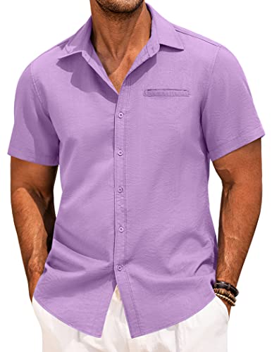 COOFANDY Men's Hawaiian Shirts Linen Beach Shirt Casual Short Sleeve Button Down Shirts Standard Fit Button Up Shirts Light Purple