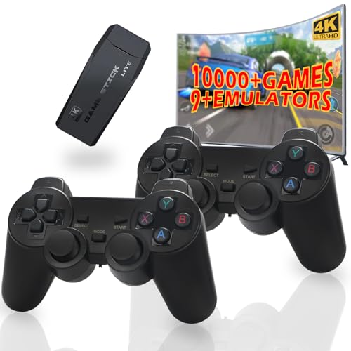 Hikonia Wireless Retro Game Console, Plug and Play Video Games 4K HDMI Output for TV, Classic Game Stick Built in 10000+ Games with 9 Emulators and 2 Wireless Controller 2.4G for Kids & Adults