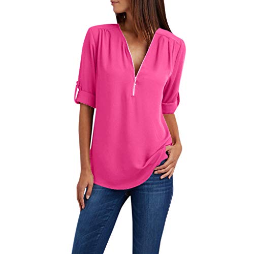 Generic My Orders My Orders Today Deals Clearance Summer Oversized Chiffon Shirts Womens Long Sleeve Tops Half Zip Up v Neck Loose Shirts Blouses Dressy Casual Deals of Today Prime Hot Pink-2 3XL