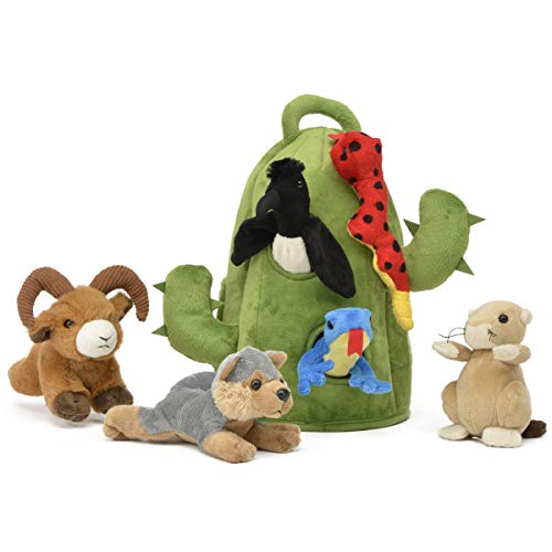 Plush Cactus Desert Animal House with Animals - Six (6) Stuffed Desert Animals (Snake, Lizard, Bighorn Sheep, Coyote, Prairie Dog, Roadrunner) in Play Cactus Carrying House