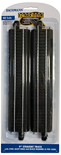 Bachmann Trains - Snap-Fit E-Z TRACK 9” STRAIGHT TRACK (4/card) - STEEL ALLOY Rail With Black Roadbed - HO Scale (44411)