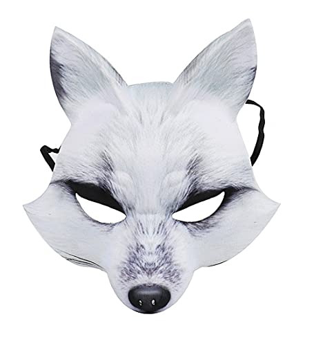 GREUS Faux Furry Fox Mask Cartoon Animal Halloween Costume Headgear Novelty Role Pretend Cosplay Dress Up Accessory Party Props (Fox White)