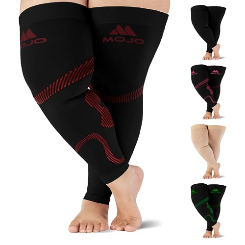 Mojo Compression Socks for Swollen Legs - Bariatric Thigh-High Stockings 5XL - Graduated Compression 20-30mmHg with Grip Top - Extra Wide Calf, Ankle, and Thigh Plus Size Black/Red A609BR8 - 1 Pair