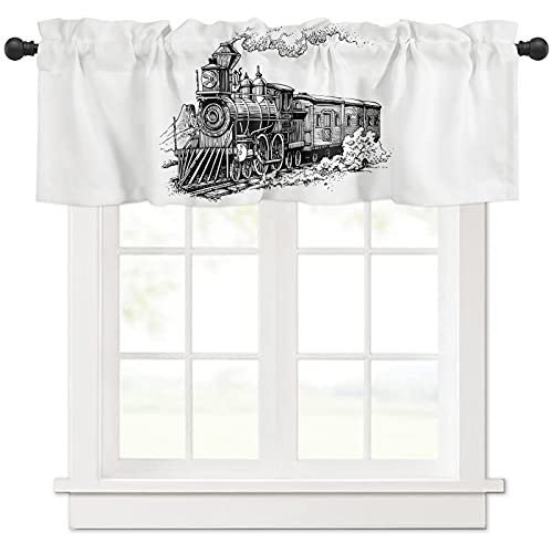 Valance Curtains for Kitchen Window, Vintage Train Rod Pocket Valances Window Treatments Steam Train Smoke Cartoon Short Curtains for Bedroom/Living Room,54' X 18' -1 Panel,