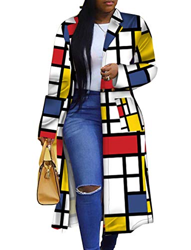 Women's Colored Geo Turn Down Collar Trench Coat Colorful Outerwear Cardigan Long Blazer Jacket(YE-L)