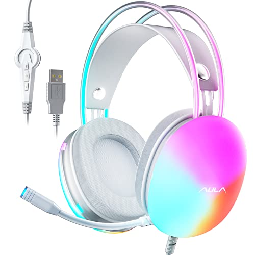 AULA USB Gaming Headset with Mic for PC, RGB Rainbow Backlit Headphone, Virtual 7.1 Surround Sound, 50mm Driver, Soft Memory Earmuffs, Wired Laptop Desktop Computer Headset, Pink, S505