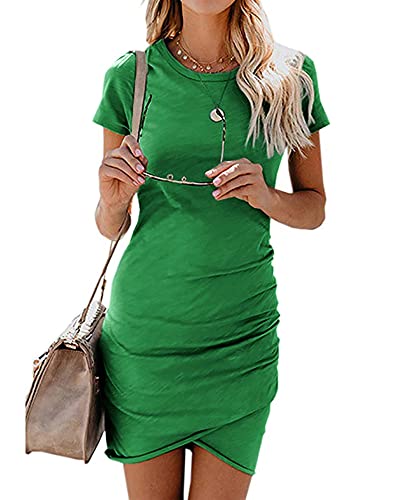 BTFBM Women's 2024 Summer Casual Beach Dresses Crew Neck Short Sleeve Wrap Party Club Mini Ruched Bodycon T Shirt Dress(Bright Green, Small)