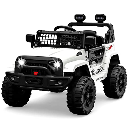 Hetoy Ride on Truck Car 12V Kids Electric Vehicles with Remote Control Spring Suspension, LED Lights, Bluetooth, 2 Speeds (White)