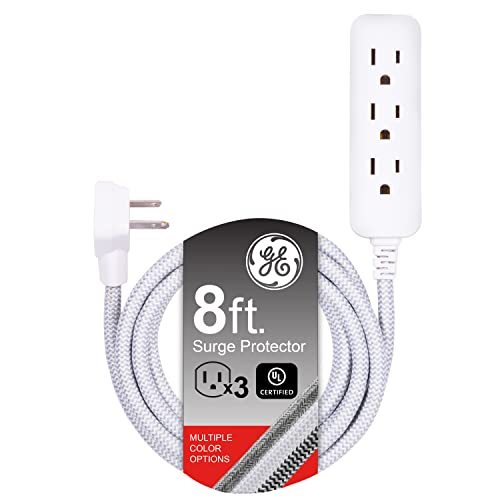 GE 3-Outlet Power Strip Surge Protector 8 Ft Braided Long Cord Extension Cord Surge Protector Power Strip Flat Plug Extension Cord 250 Joules UL Listed White 38433
