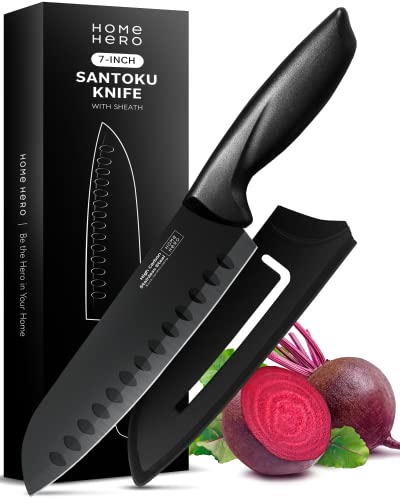 Home Hero 2 Pcs Santoku Knife with Sheath - High Carbon Stainless Steel Knife with Ergonomic Handle - Razor Sharp Vegetable Knife - Multipurpose Small Knife (2 Pcs - Black Santoku Knife)