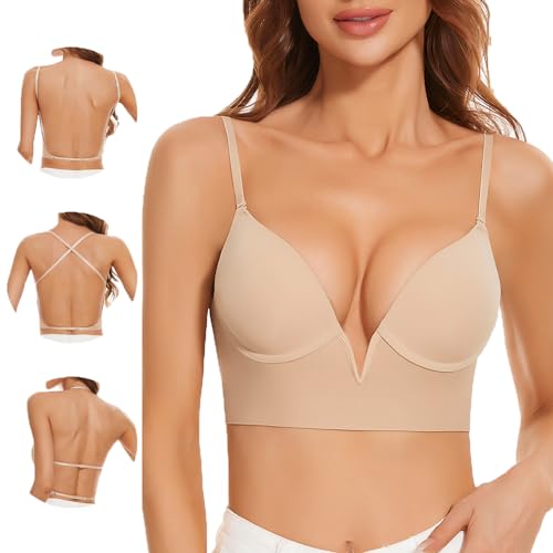 Uoolerp Women Low Back Bras-Invisible Backless Bra-Seamless Secret Plunge Bra No Show Bra Multiway Low-Cut Deep-V Halter Bra (Nude, L)