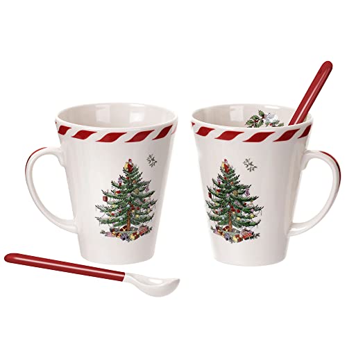 Spode Christmas Tree Collection Peppermint Mug and Spoon Set, 14-Ounce, Made of Porcelain, Mugs for Coffee, Milk, Tea, and Hot Cocoa, Dishwasher and Microwave Safe