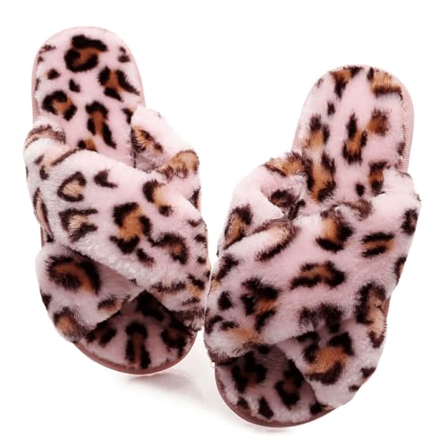 Crazy Lady Women's Fuzzy Fluffy House Slippers Cute Plush Memory Foam Shoes Cross Band Indoor Outdoor Open Toe Sandals(06/Pink,Leopard 8.5-9.5)