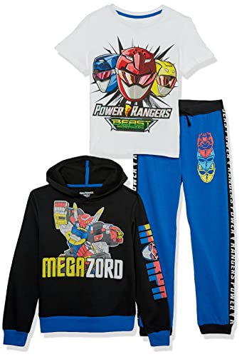 Power Rangers Boys Graphic Hoodie, T-Shirt, & Jogger Sweatpant, 3-Piece Athleisure Outfit Bundle Set - Bo T Shirt, Black/Royal/White, 6 7 US