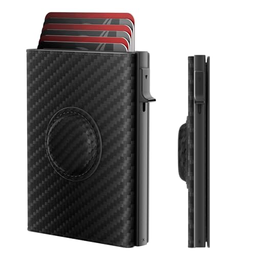 Mens Wallet Card Holder for AirTag: Smart Wallet Compatible with Apple Air Tag, Pop Up Card Case, Top Grain Leather, RFID Blocking, Slim, Minimalist, 9-14 Card Capacity | ID Window | Cash Slot