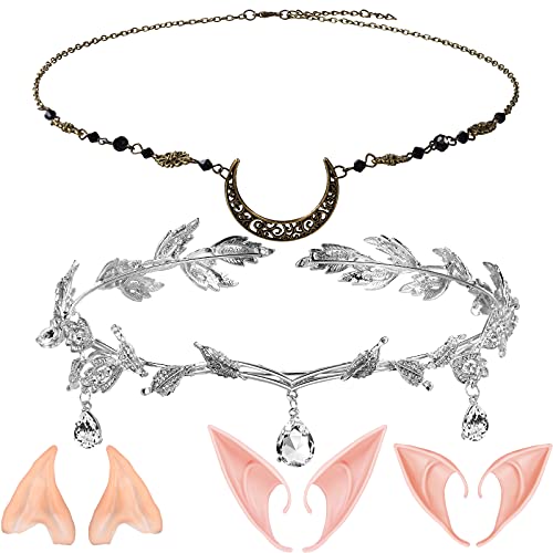 Halloween Fairy Costume for Women Elf Costume Moon Head Chain and Elf Crown Rhinestone Leaf Tiara 5 Pairs Pixie Fairy Ears