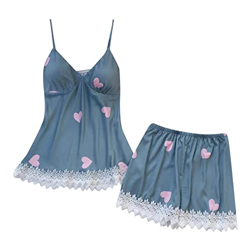 Pajamas Set For Women Two Piece Oversized Holiday Pajamas Summer Cotton Pajamas Satin Matching Pajamas Shirts Shorts Pajamas Blue