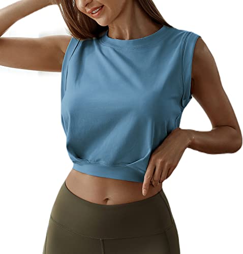 ARRIVE GUIDE Workout Crop Tops for Women Cute Loose Fit Tank Tops Casual Summer Yoga Athletic Sports Tanks Cinched Waist Cropped Tops Cap Sleeve Gym Cotton T Shirts for Women S Steelblue