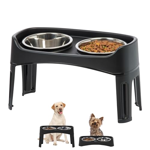 IRIS USA Elevated Dog Bowls, Adjustable Height, 2 Thick 64oz Stainless Steel Bowls, Spill-Proof with Raised Outer Rim, Durable Made in USA Plastic, Easy Assemble, 2 Heights 4.63' or 12.25' Black