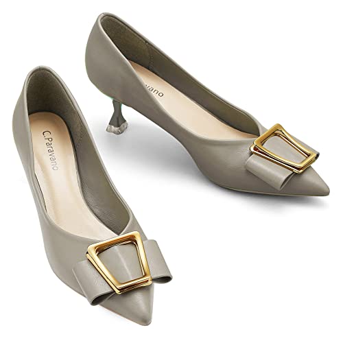 C.Paravano Women's Pump I Pointed Toe Kitten Heel I Closed Toe Low Heel I Comfortable Dress Pump I Leather Wedding Shoes (Size 8,Grey)