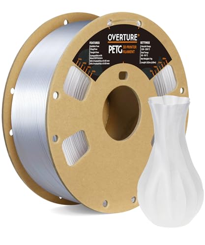 OVERTURE Transparent Filament Clear PETG Filament 1.75mm, PETG Transparent 3D Printer Consumables, 1kg Filament (2.2lbs), Dimensional Accuracy Probability +/- 0.02 mm,Transparent