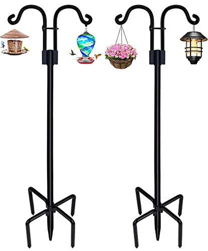 STAUKOK Double Shepherds Hooks for Outdoor, 2 Pack 76 Inch Bird Feeder Pole with 5 Prongs Base, Heavy Duty Garden Hook for Hanging Plant, Lantern, Hummingbird Feeder
