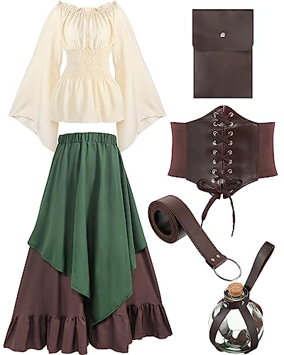 Hillban Women Medieval Renaissance Dress Costume Halloween Pirate Costume Set of Blouse Top, Skirt,Pouch,Corset, Belt, Bottle(Green, Medium)