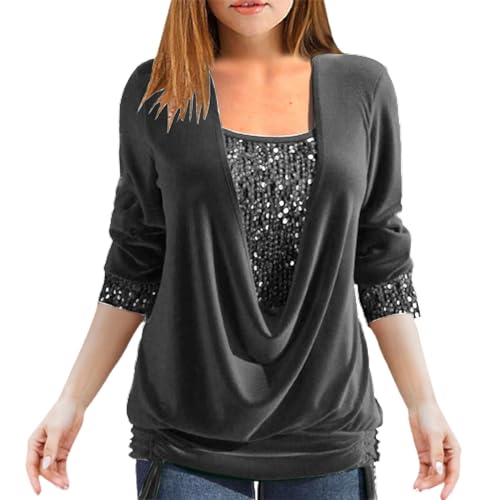 Sequin Tops for Women Long Sleeve V Neck Blouse Dressy Casual Evening Party Shirts 2023 Solid Drawstring Hem Tunic Top Dark Gray