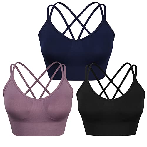 WANAYOU Women's Strappy Sports Bras Cute Cross Back Sport Bras Padded Criss Cross Workout Yoga Bras Wireless Cropped Bras for Fitness Gym Exercise Low Impact (3 Pack(Black+Purple+Blue), Medium)