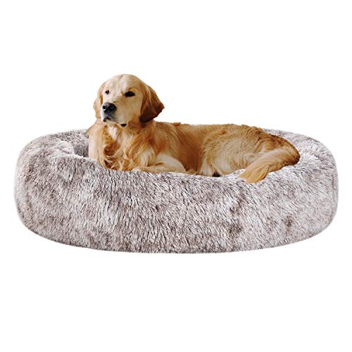 coohom Oval Calming Donut Cuddler Dog Bed,Shag Faux Fur Cat Bed Washable Round Pillow Pet Bed(30'/36'/43') for Small Medium Dogs (XL(36'x27'x7'),Light Brown)