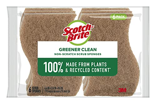 Scotch-Brite Greener Clean Scrub Sponges, Natural Sponges for Cleaning Kitchen, Bathroom, and Household, Non-Scratch Sponges Safe for Non-Stick Cookware, 6 Scrubbing Sponges