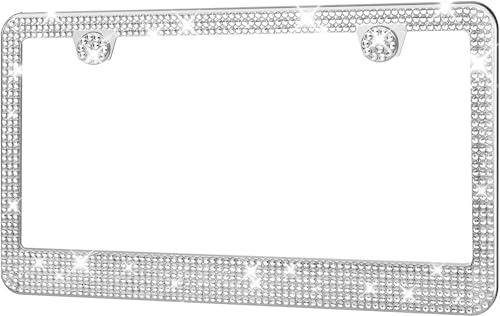 HOTOR License Plate Frame - Lastingly Bling and Sparkly License Plate Frame for Women, Stainless Steel & Obstruction-Free Frame with Multifaceted Rhinestones, White