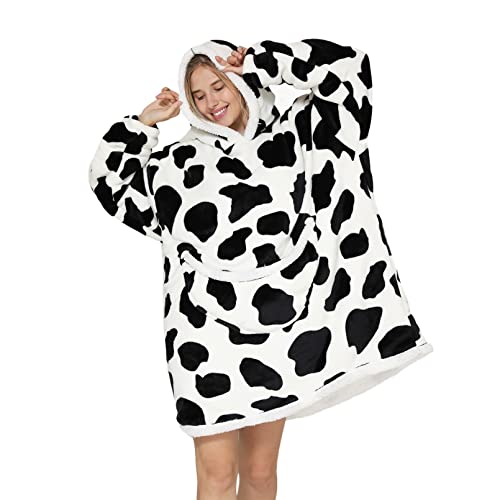 Deserthome Blanket Hoodie Wearable Oversized Hooded Blanket for Adult Women Super Soft Comfortable Warm Flannel with Giant Pocket and Sleeves Cow