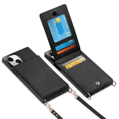 Vofolen for iPhone 14 Case Wallet Card Holder Leather PU Flip Cover Folio Lanyard Crossbody Strap Women Girl Magnetic Clasp Kickstand Square Heavy Duty Protective Bumper Armor Cover 6.1' Black