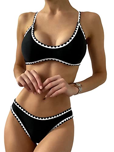 ZAFUL Women's Contrast Trim Piping Crochet High Cut Tie Back Bralette Bikini Set (2-Black, M)