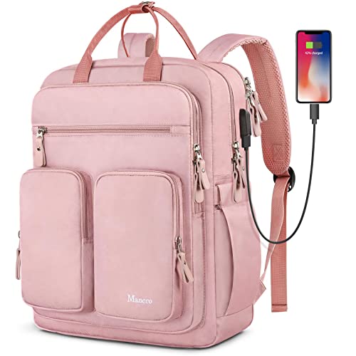 Mancro Travel Backpack for Women, 15.6 Inch Laptop Backpack with USB Charging Port, Waterproof Business Work Backpacks, Fashion College Backpack Gifts for Women, Pink