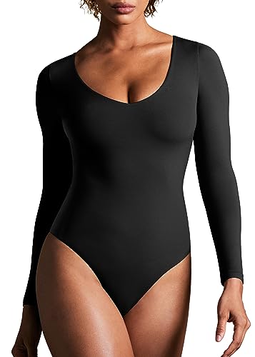IUGA Long Sleeve Bodysuits for Women Tummy Control Shapewear Bodysuit V Neck Body Suits for Womens