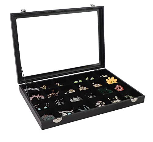Wudygirl Clear Lid 24 Grid Jewelry Box Case Organizer Showcase Display Jewelry Removable Black Velvet Locked