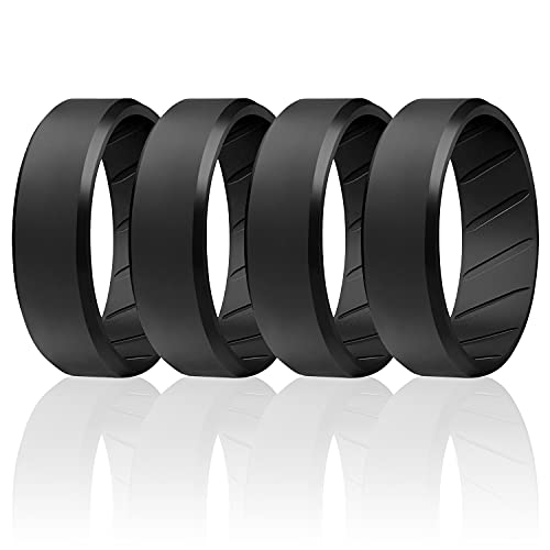 ROQ Silicone Rubber Wedding Ring for Men, Comfort Fit, Men's Wedding Band, Breathable Rubber Engagement Band, 8mm Wide 2mm Thick, Beveled Edge, 4 Pack, Black, Size 9
