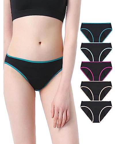 Neione Period Underwear Menstrual Panties Teens Girls Bikini High-Cut Briefs 5 Pack Black S