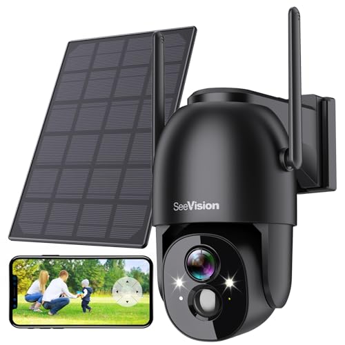 Solar Security Cameras Wireless Outdoor, SeeVision 2K Battery Powered PTZ WiFi 3MP Camera for Home with Spotlight, PIR Motion Detection,Siren, Color Night Vision, 2-Way Talk, SD/Cloud Storage