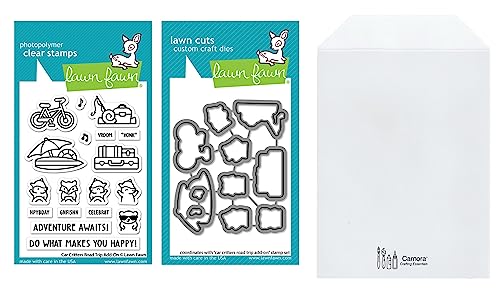 Lawn Fawn Car Critters Road Trip 3'x4' Clear Stamp Add-on and Coordinating Dies, Carnora Storage Pocket, Bundle of 3 Items