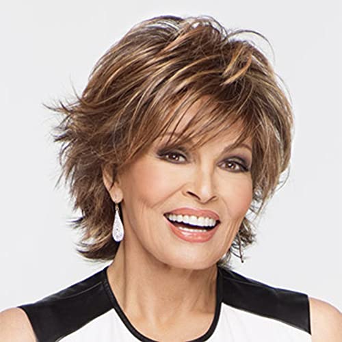SENHORAS Short Hair Wigs for White Women Dark Brown Mixed Blonde Pixie Cut Wig with Bangs Brown with Highlights Wavy Synthetic Wig Natural Real Hair