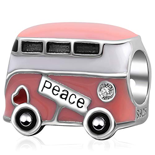 Enamel Pink Love Peace Bus Charms, 925 Sterling Silver Peace Sign Camper Van Mini Bus Beads, fit Pandora Travel Bracelet, Gifts for Mothers Day/Valentines Day/Christmas